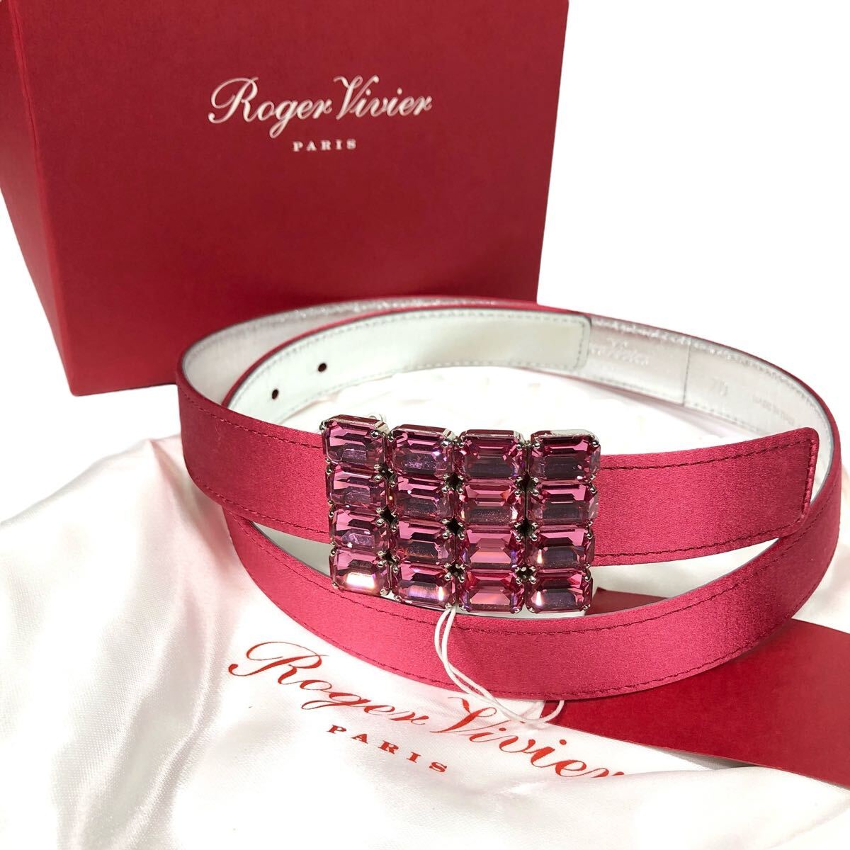 未使用品【ロジェヴィヴィエ】本物 ROGERVIVIER ベルト ビジュー バックル ストラス サイズ70 全長87cm 幅2.5cm サテン×レザー 付け替え可拍卖