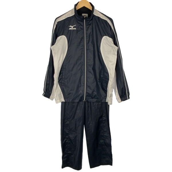 古着 メンズM MIZUNO/ミズノ ウインドブレーカー ジャケット ロングパンツ 上下セット ネイビー/ホワイト A60WS100/A60WP100拍卖