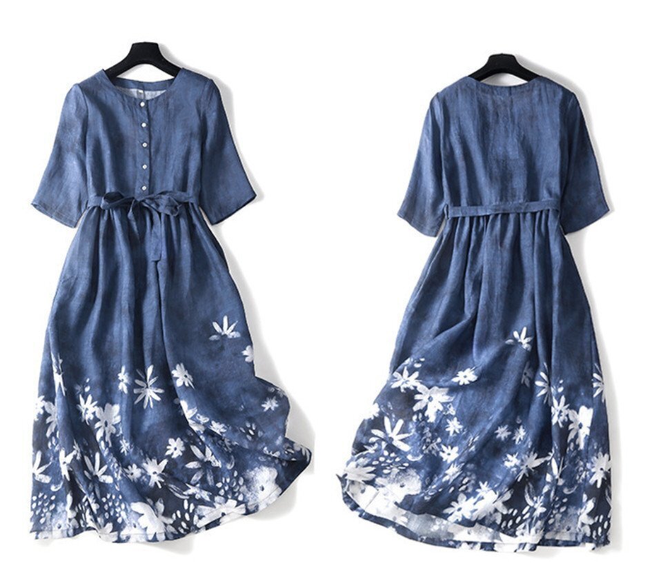 大人気新品大人 上品 エレガントな花柄プリント綿麻ワンピース レディース ワンピース 50代 60代 ファッション 紺色 薄手 夏のお出かけに L拍卖