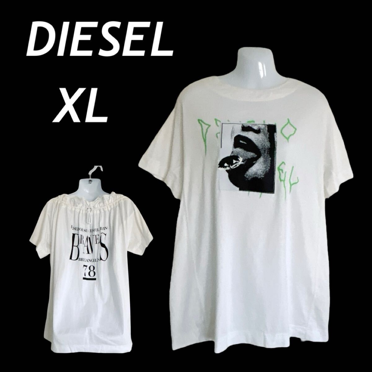 DIESEL ディーゼル レディース 半袖カットソー XL プリント チュニック RN 93243 CA 25594 ギャザーネック リボン ホワイト系 (E046)★拍卖