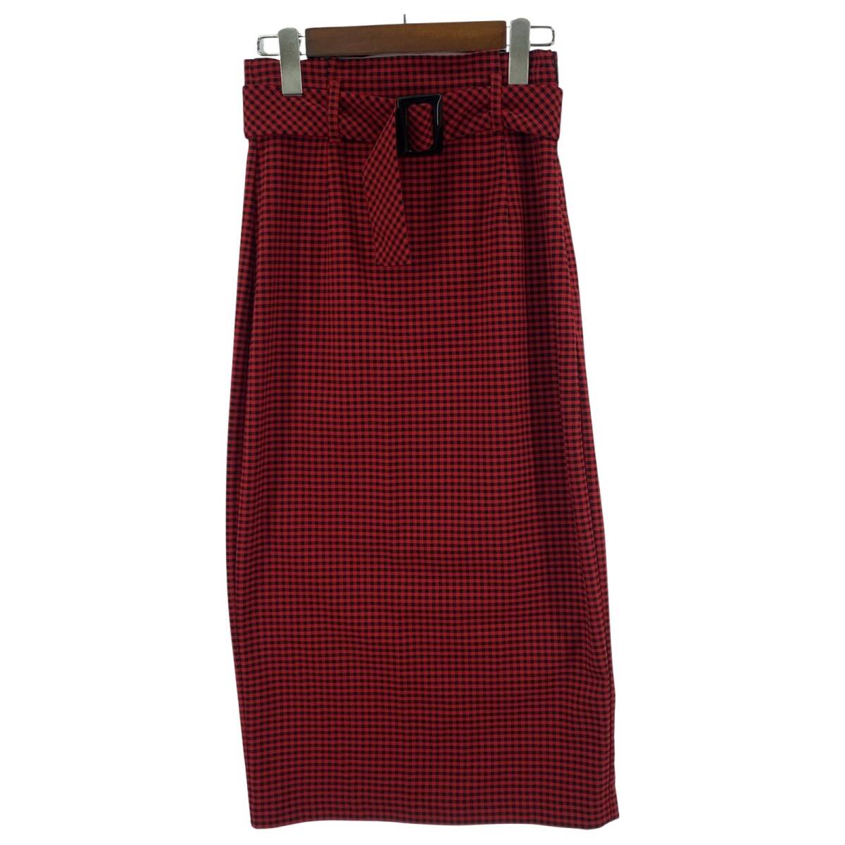ZARA ザラ ベルテッド スリットボタン チェック タイト ロングスカート sizeEUR XS/レッド ゆうパケットOK拍卖