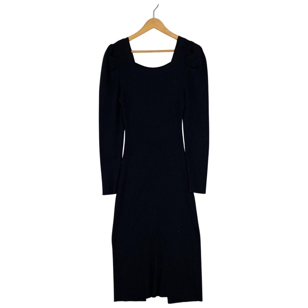 BIRTHDAY BASH バースデーバッシュ スクエアネック 長袖 パフスリーブ リブニット ワンピース sizeS/ブラック拍卖