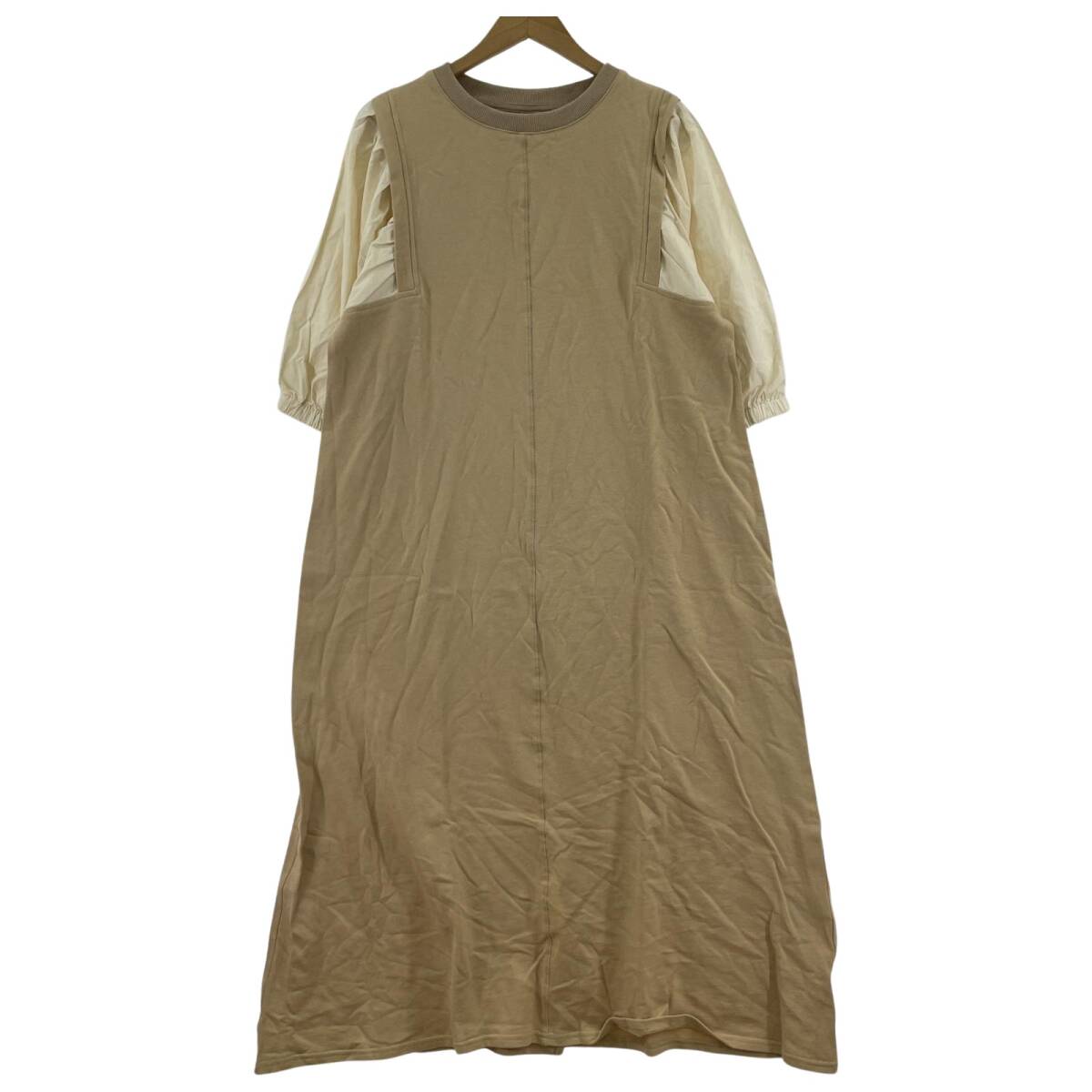 Bab バブ 五分袖 ロング レイヤード風 ワンピース sizeFREE/ベージュ拍卖