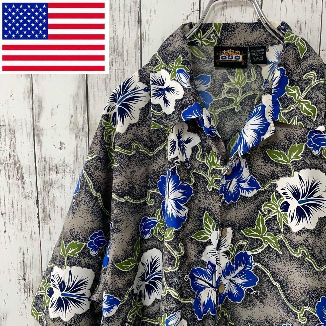 N-1806 ODO オド アロハシャツ ハワイアンシャツ ポリシャツ トロピカル柄 花柄 半袖 開襟 ポリエステル XL メンズ拍卖