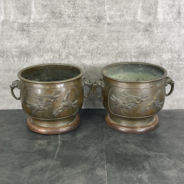 銅製 火鉢 鶴? 2点セット 【中古】約 34/26/22.5 cm 重量約3.6kg 手あぶり /5102076拍卖
