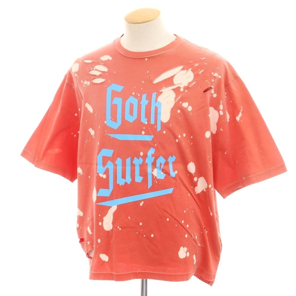 【新品】ディースクエアード DSQUARED2 ダメージ加工 コットン クルーネック 半袖Tシャツ レッドxホワイト【サイズXS】拍卖