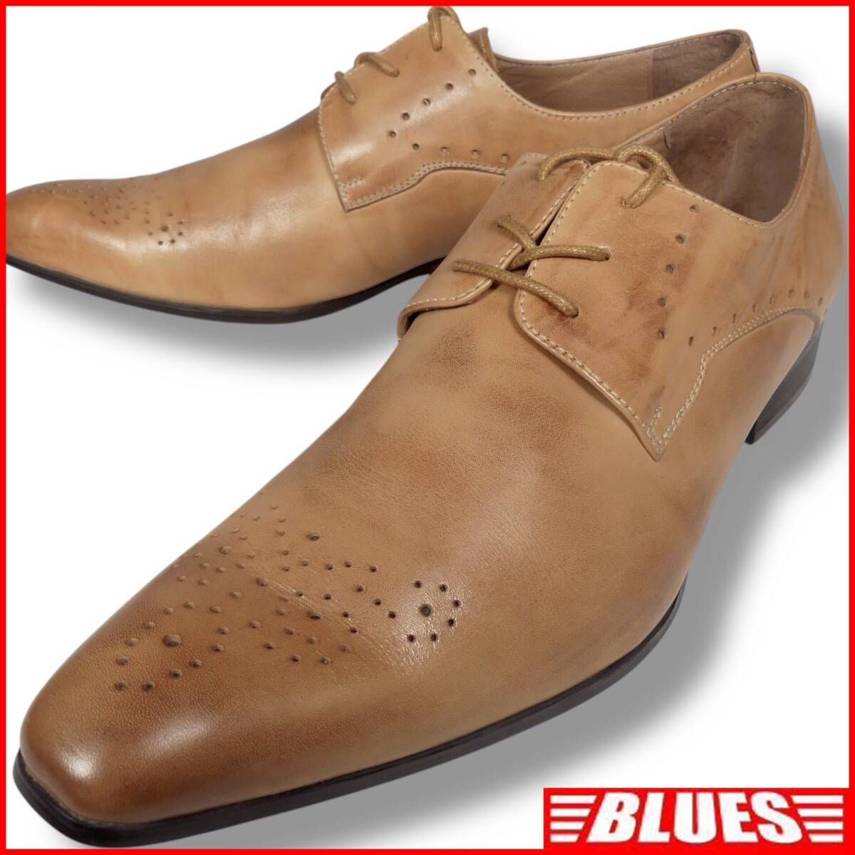 即決★massimo★ドレスシューズ 26.5cm 革靴 マッシモ 43 本革 細身 茶 キャメル メダリオン拍卖