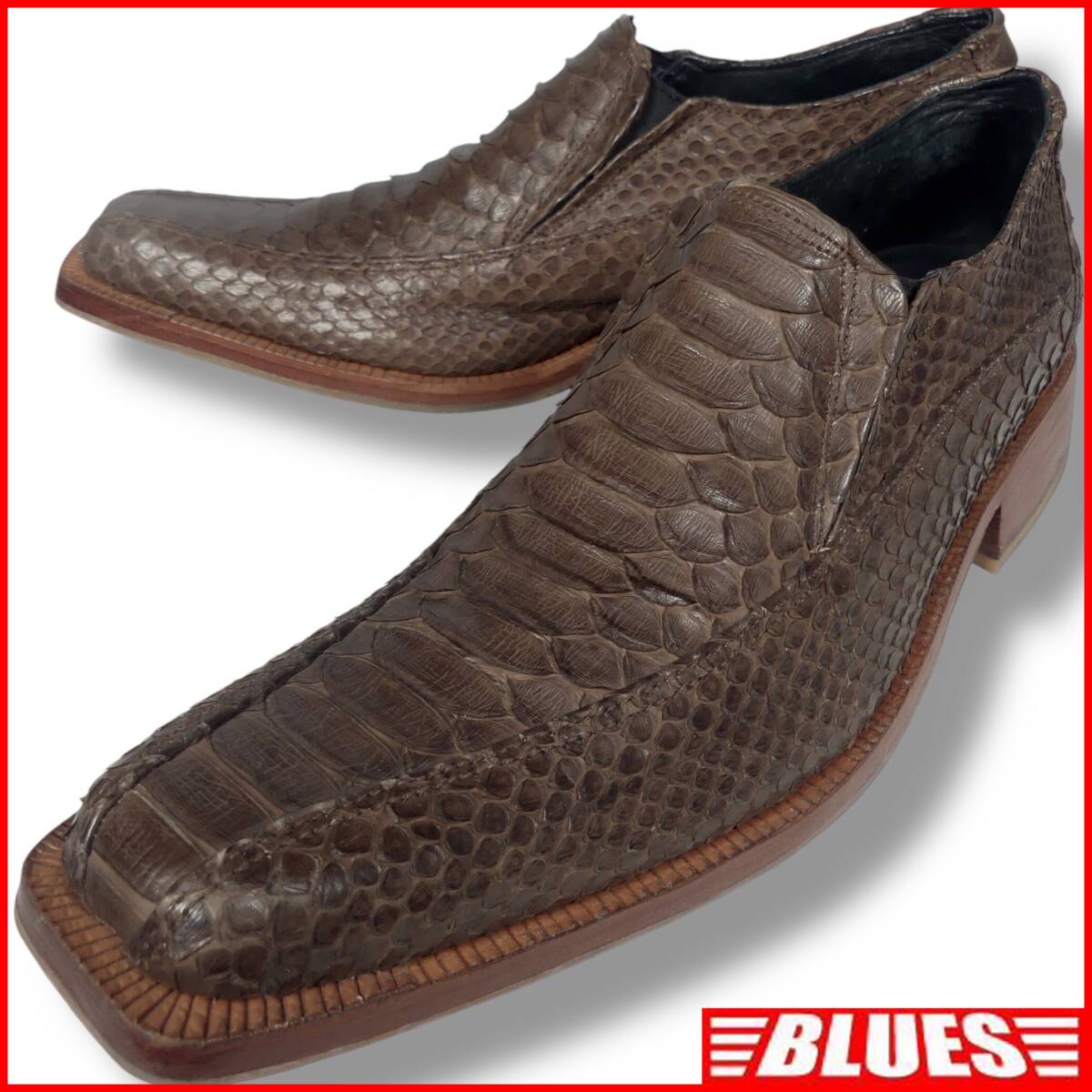 即決★N.B.★スリッポン 茶 サイドゴア パイソン 蛇革 本革 高級靴 メンズ 個性派 レザー拍卖