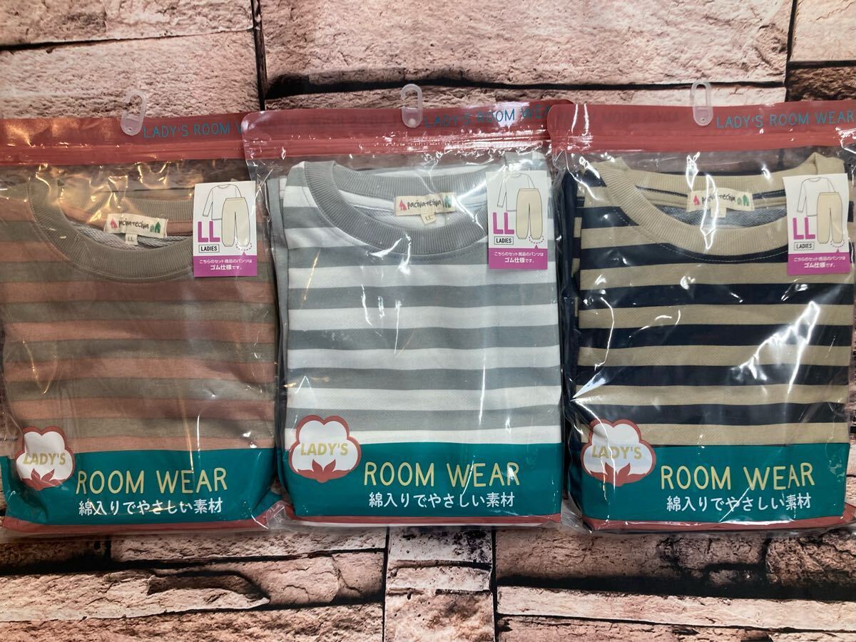送料無料!快適ゆったり3Lサイズ!裾ゆるリブタイプ 綿混 太ボーダー柄 レディース裏毛 ルームウェア(画像から)1組拍卖