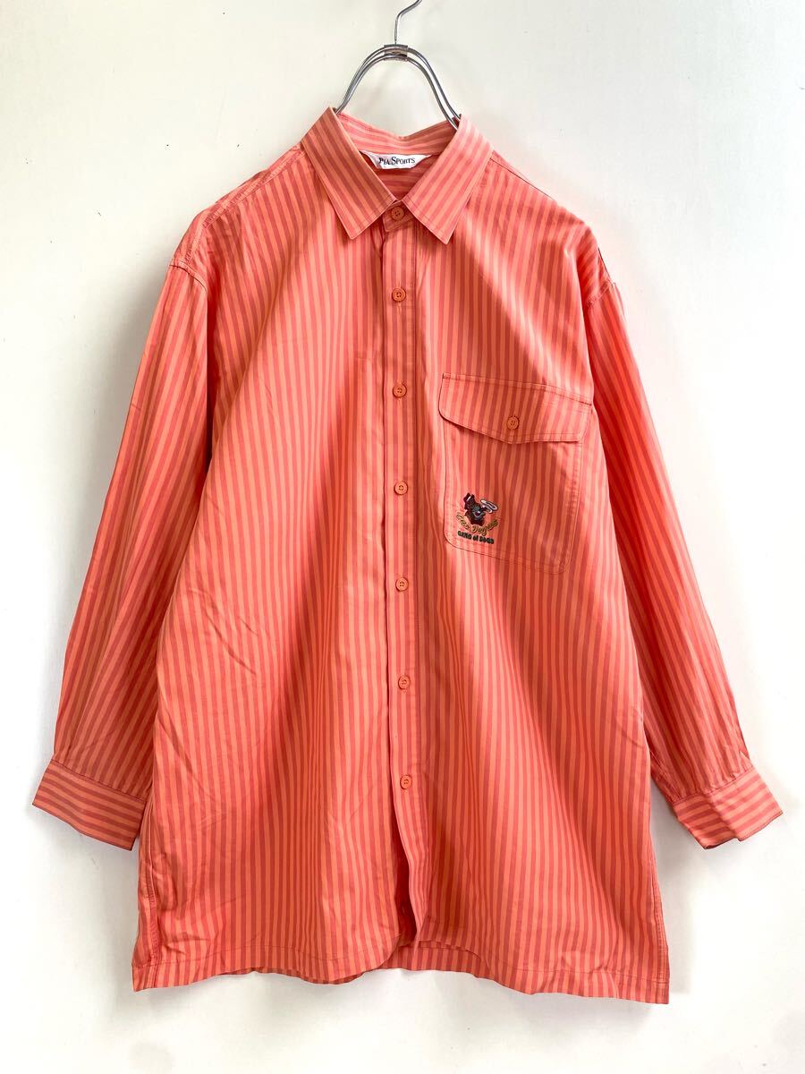 ● ヴィンテージ ブルドッグ刺繍 長袖シャツ オレンジ サイズ3 (L~LL相当) ◆ ストライプ 犬 PIA SPORTS ピアスポーツ ◆W25 RよSU2-45拍卖