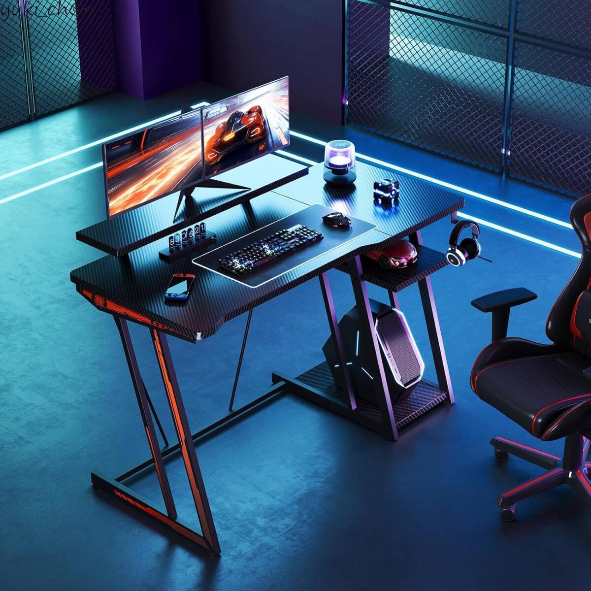 ゲーミングデスク ブラック 幅120cm PCデスク 机 PC パソコンデスク Z字脚 オフィスデスク 収納ラック2段 在宅勤務拍卖