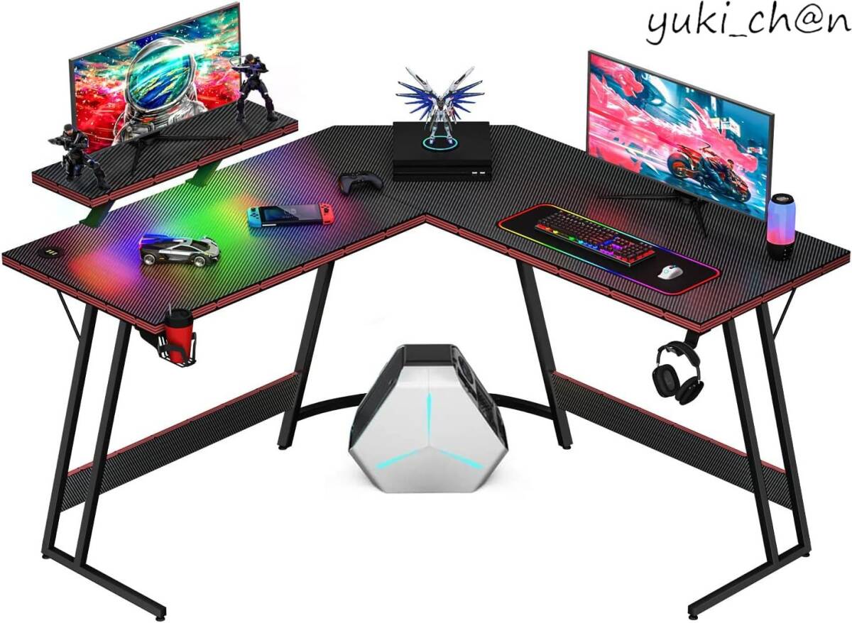 ゲーミングデスク L字デスク 幅130cm パソコンデスク USBポート付き 3ポート L字型デスク カップホルダー フック ネオンブラック拍卖