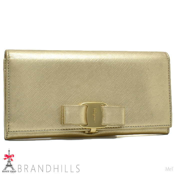 サルヴァトーレ フェラガモ 長財布 二つ折り レディース ヴァラリボン レザー ゴールド Salvatore Ferragamo拍卖