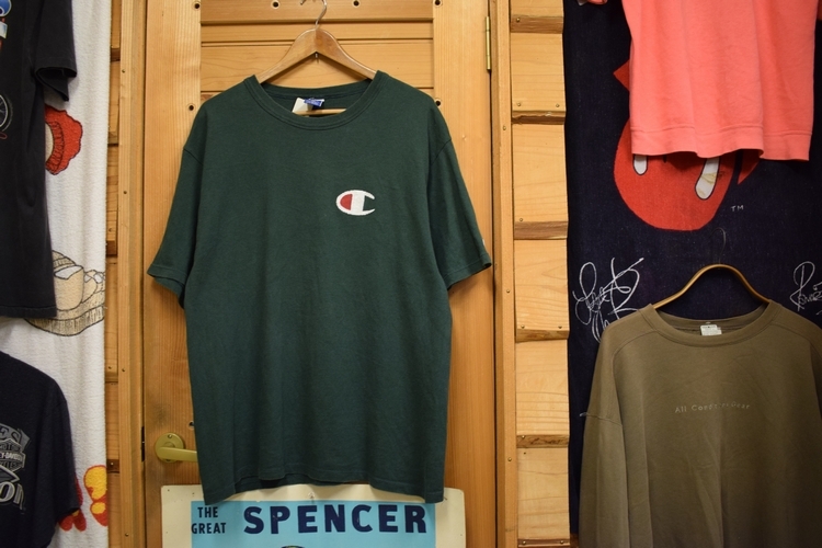 グッドプリント90sビンテージChampionチャンピオン半袖クルーネックプリント両面プリントTシャツLグリーン緑アメカジストリートx698拍卖
