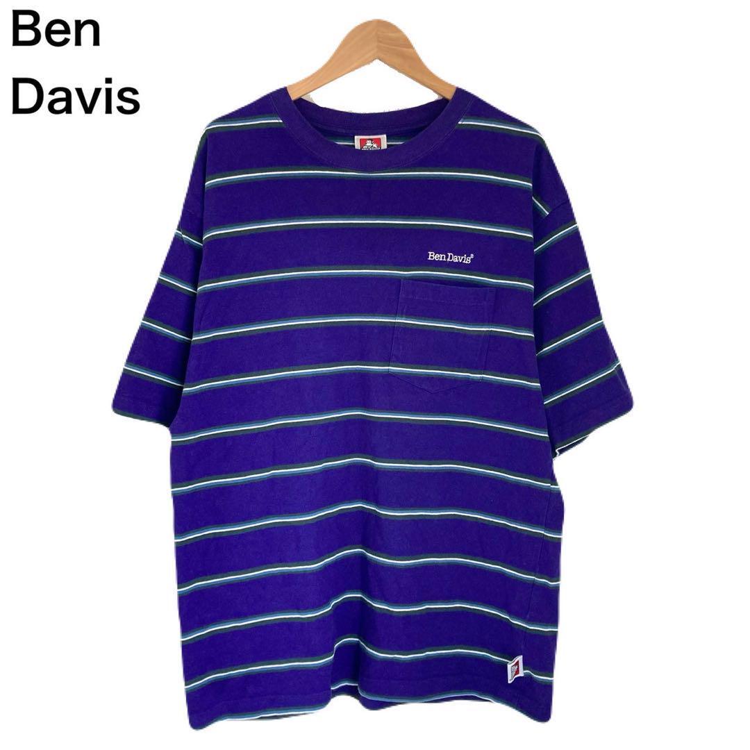 ベンデイビス Tシャツ 半袖 ボーダー ロゴ 刺繍 胸ポケット パープル L拍卖