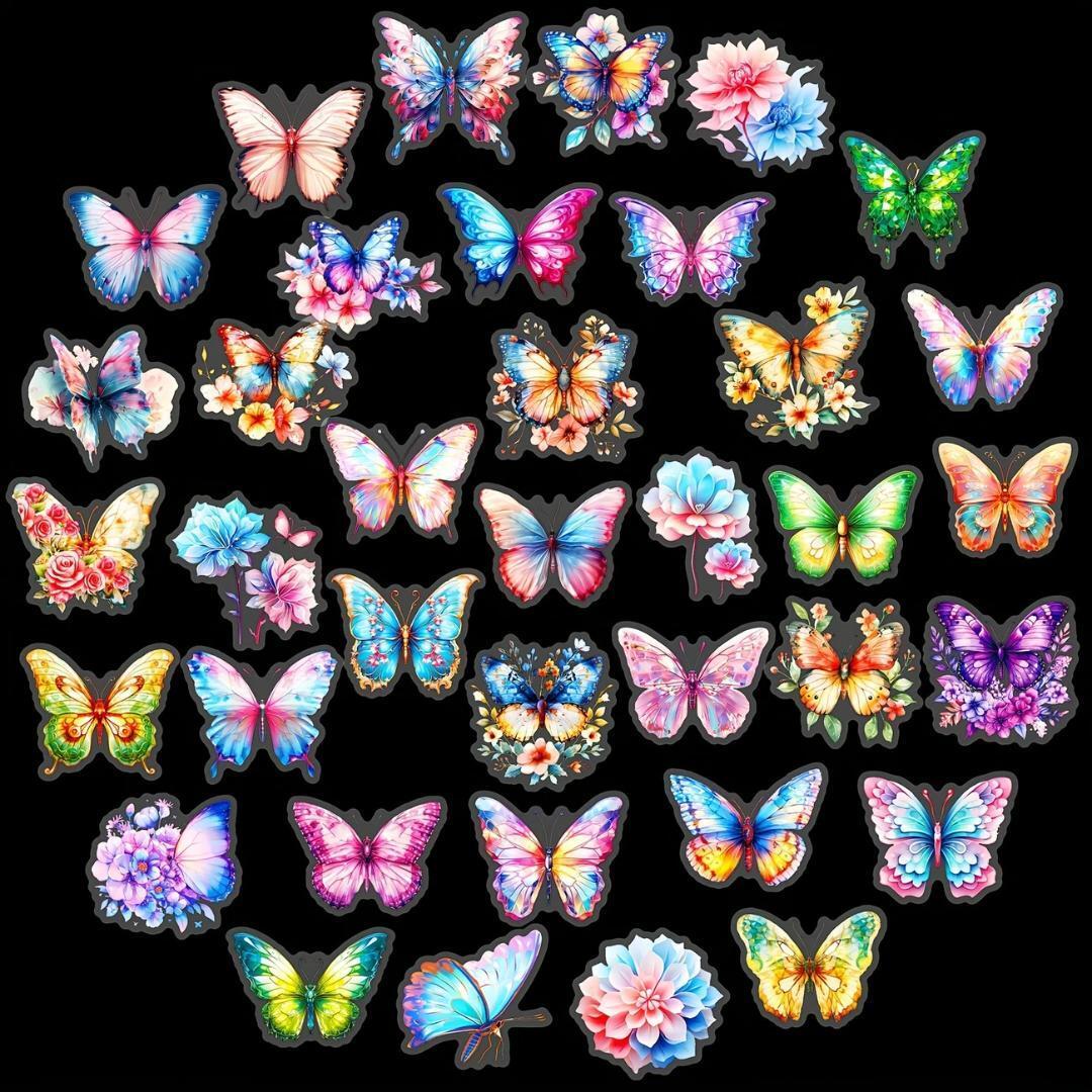 ★鮮やかなホログラフィック蝶/バタフライステッカー 50枚 スマホ・パソコン・楽器・スーツケース等に! C拍卖