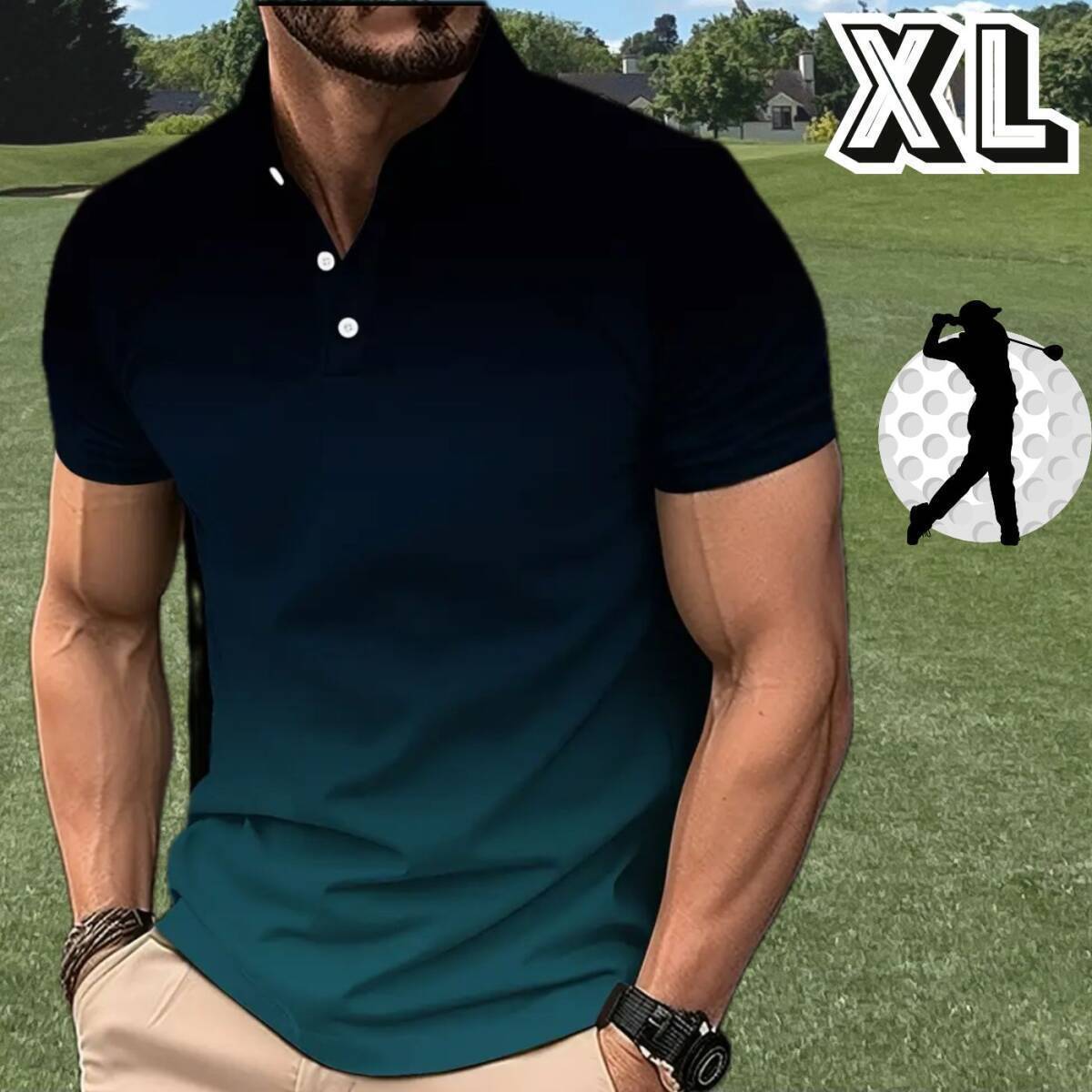 メンズ ゴルフウェア ポロシャツ 春夏 半袖 シャツ ブラック 黒 グラデーション シンプル 春 夏★大きい サイズ XL LL★スポーツウェア拍卖
