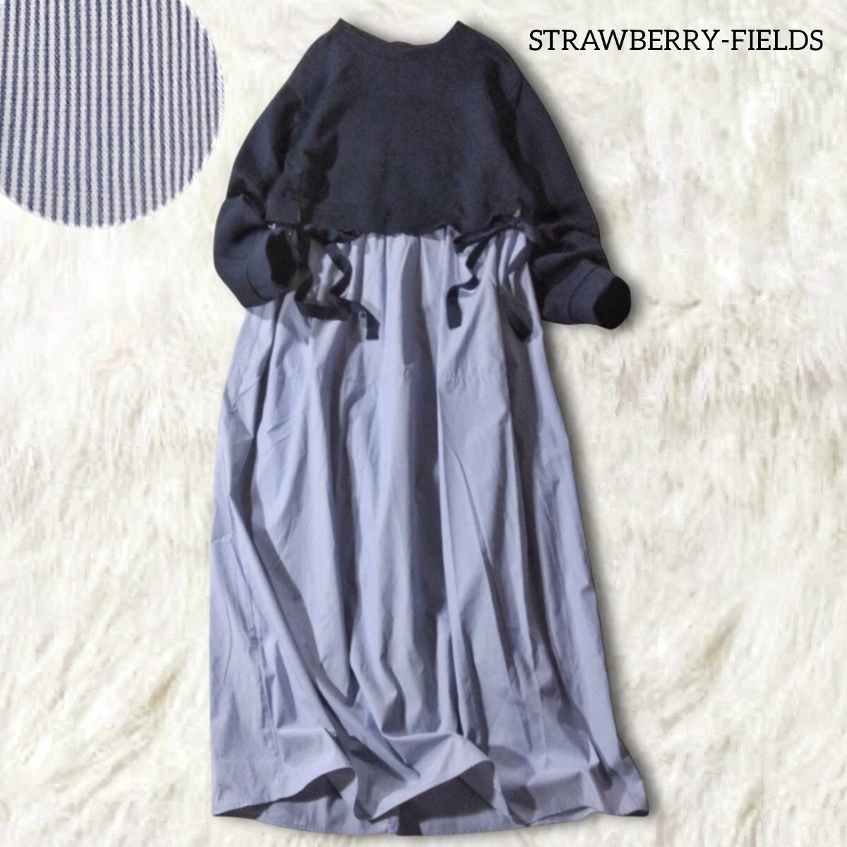 54 【STRAWBERRY FIELDS】 ストロベリーフィールズ ドッキングワンピース ロングワンピース シャツ ネイビー ストライプ ゆったり 長袖拍卖