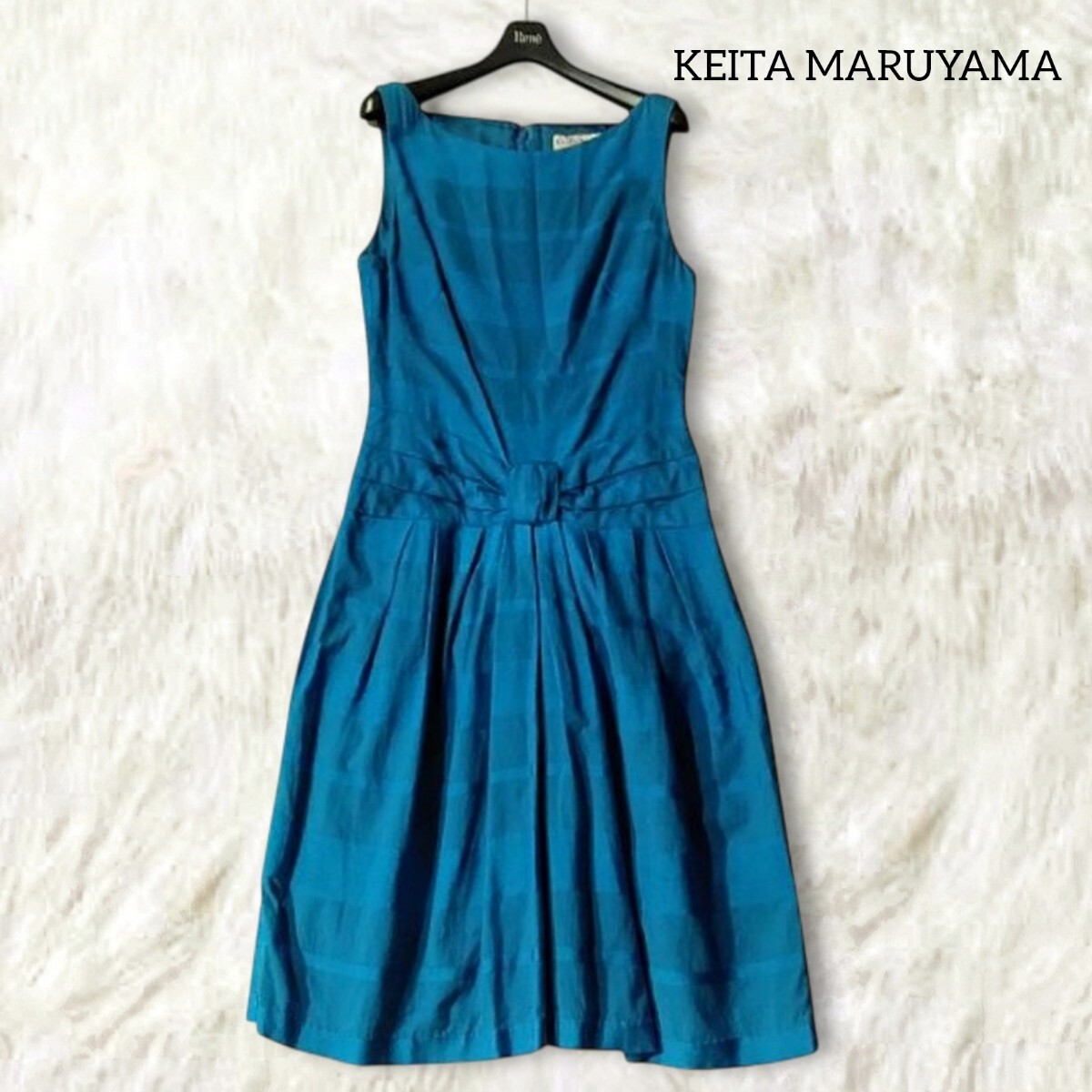 65 【KEITA MARUYAMA】 ケイタマルヤマ ワンピース ドレス 1 ブルー メタリック ボーダー 日本製 フォーマル ひざ丈 ノースリーブ リボン 拍卖