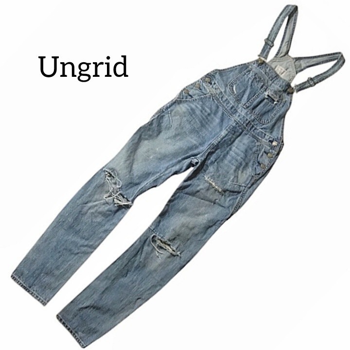 66 【Ungrid】 アングリッド デニム オーバーオール サロペット パンツ ジーンズ S クラッシュ ダメージ加工 ヴィンテージ加工 レディース拍卖