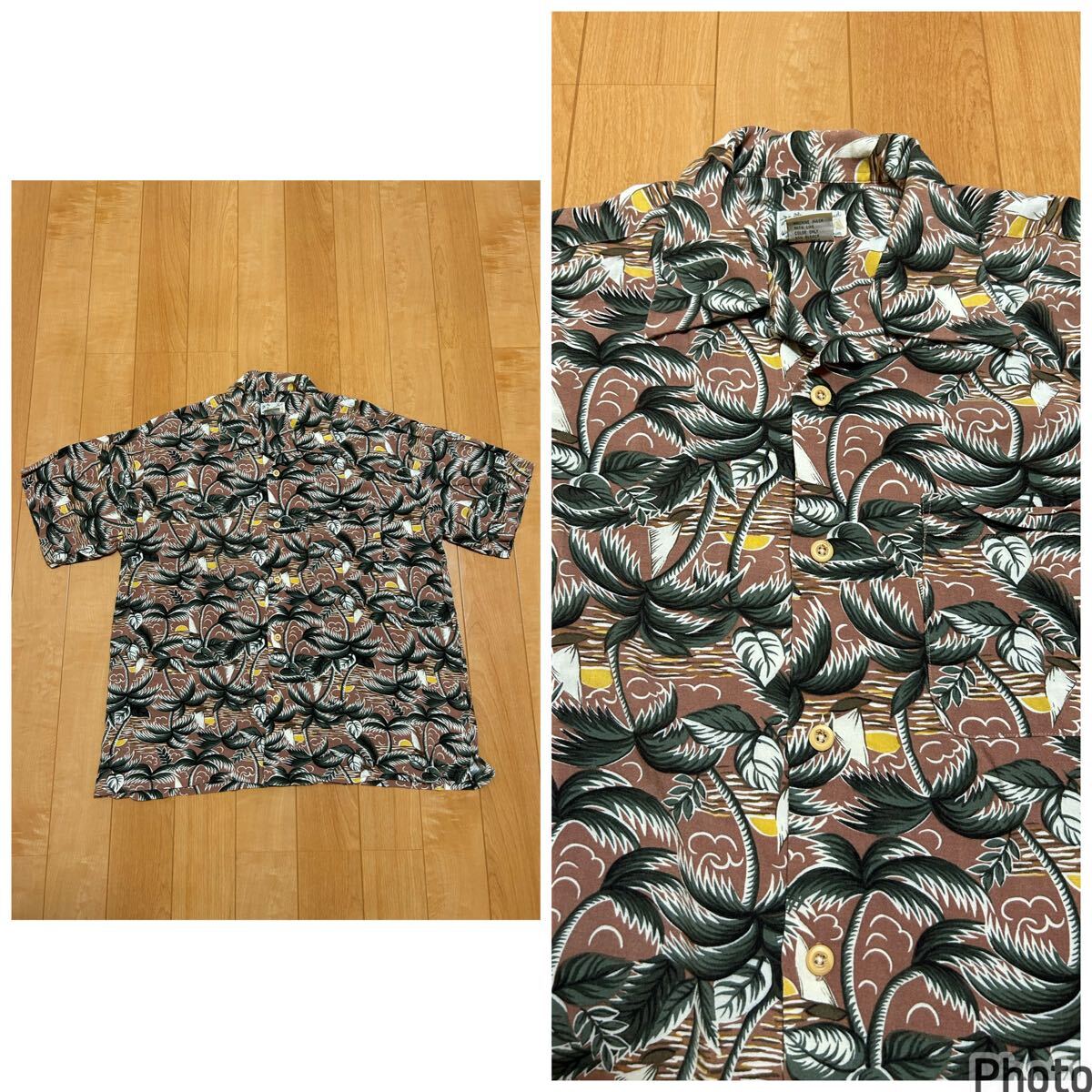 良品☆Diamond Head サイズM大き目.実寸L並 半袖レーヨンアロハシャツ 全面ヤシの木パームツリー総柄入・ヨット&葉っぱ ループカラー開襟拍卖