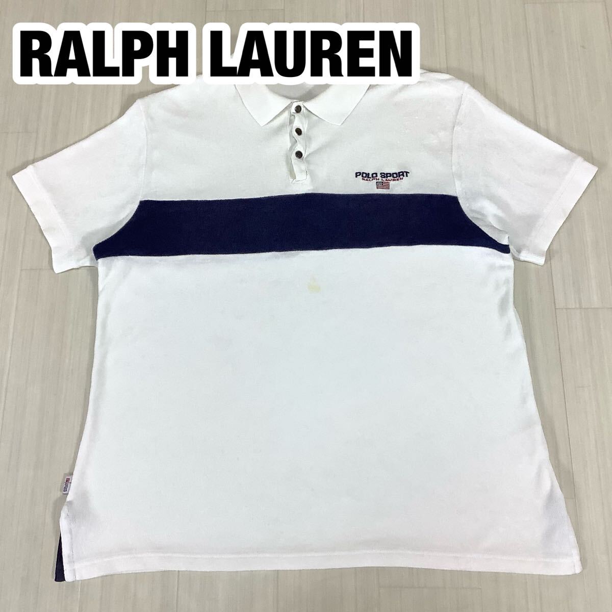 POLO SPORT RALPH LAUREN ポロスポーツ 半袖ポロシャツ L ホワイト×ネイビー 切り替えし配色 タオル地 刺繍ロゴ拍卖