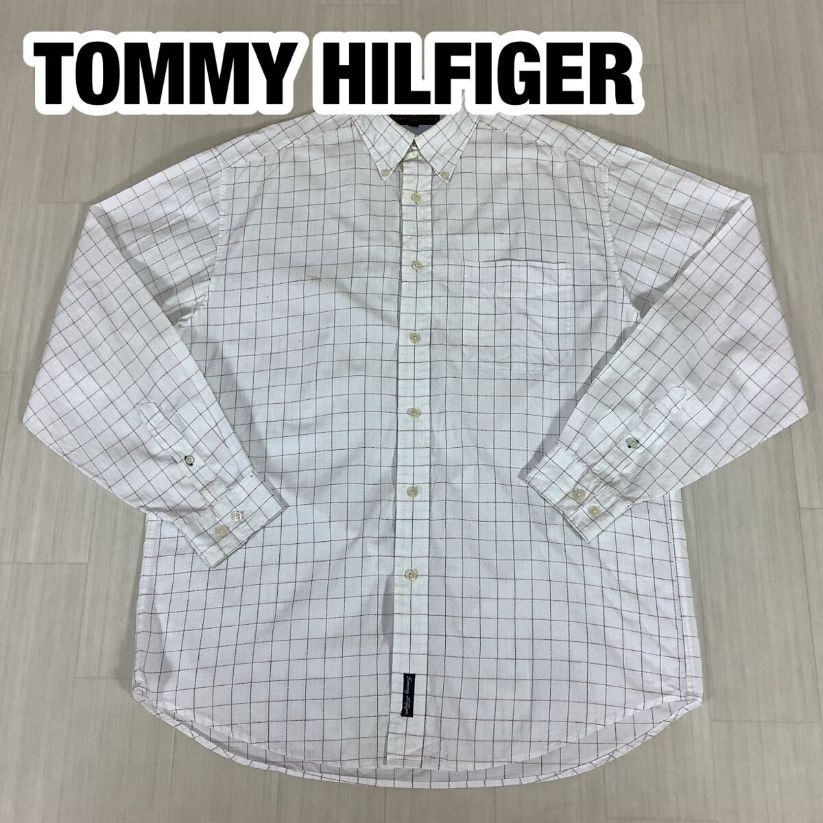 TOMMY HILFIGER トミーヒルフィガー 長袖シャツ M チェック ホワイト×レッド×ネイビー ボタンダウン USサイズ規格拍卖