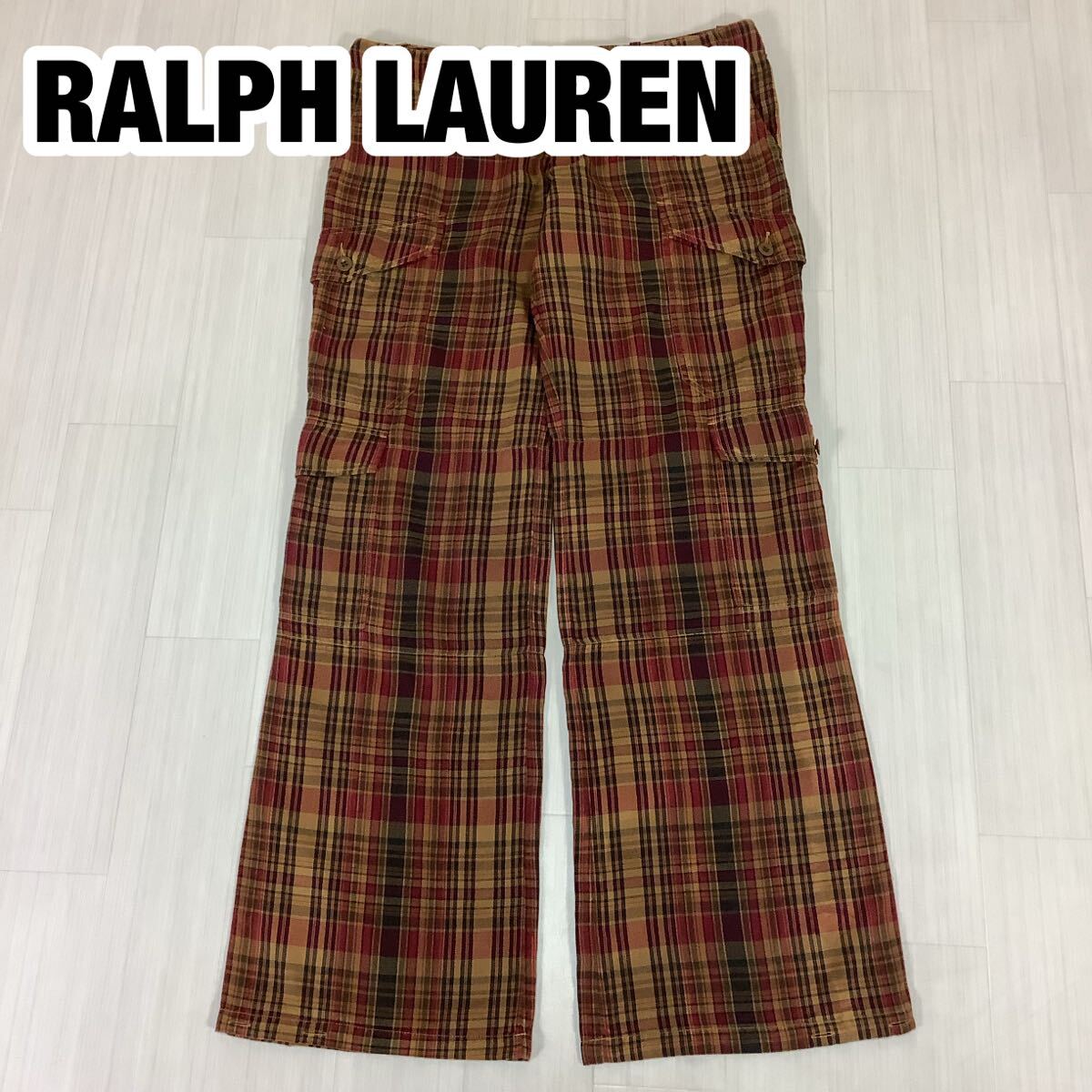 RALPH LAUREN ラルフローレン コットン カーゴパンツ ワイドパンツ レディース 7f マドラスチェック ブラウン ボタンフライ 大きいサイズ拍卖