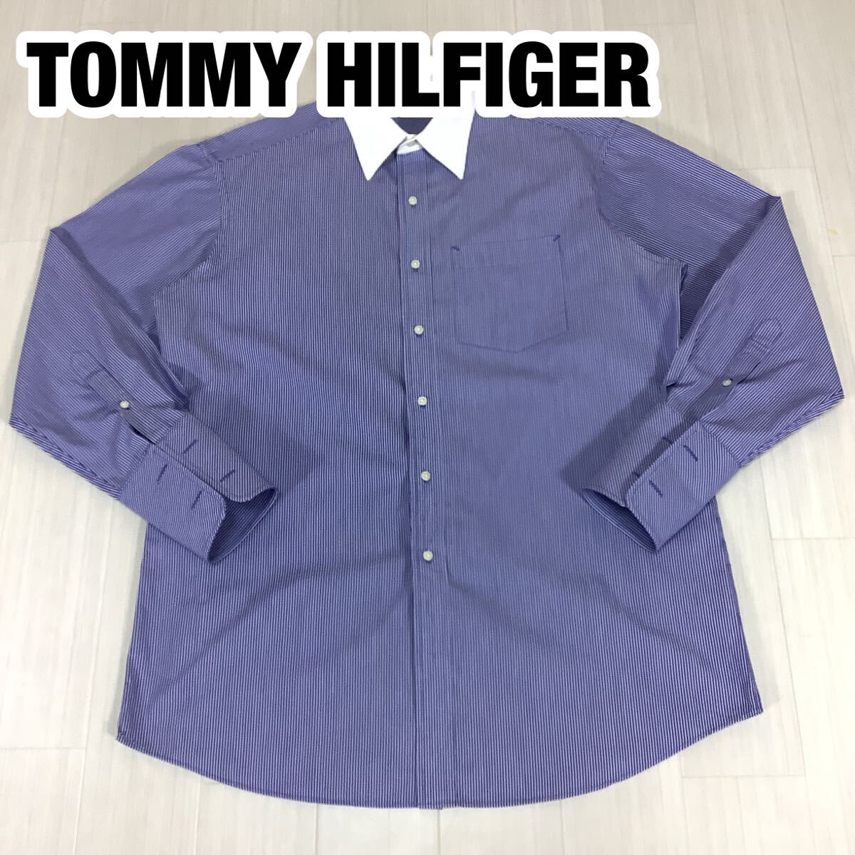 TOMMY HILFIGER トミーヒルフィガー 長袖シャツ 16 ピンストライプ ブルー 胸ポケット拍卖