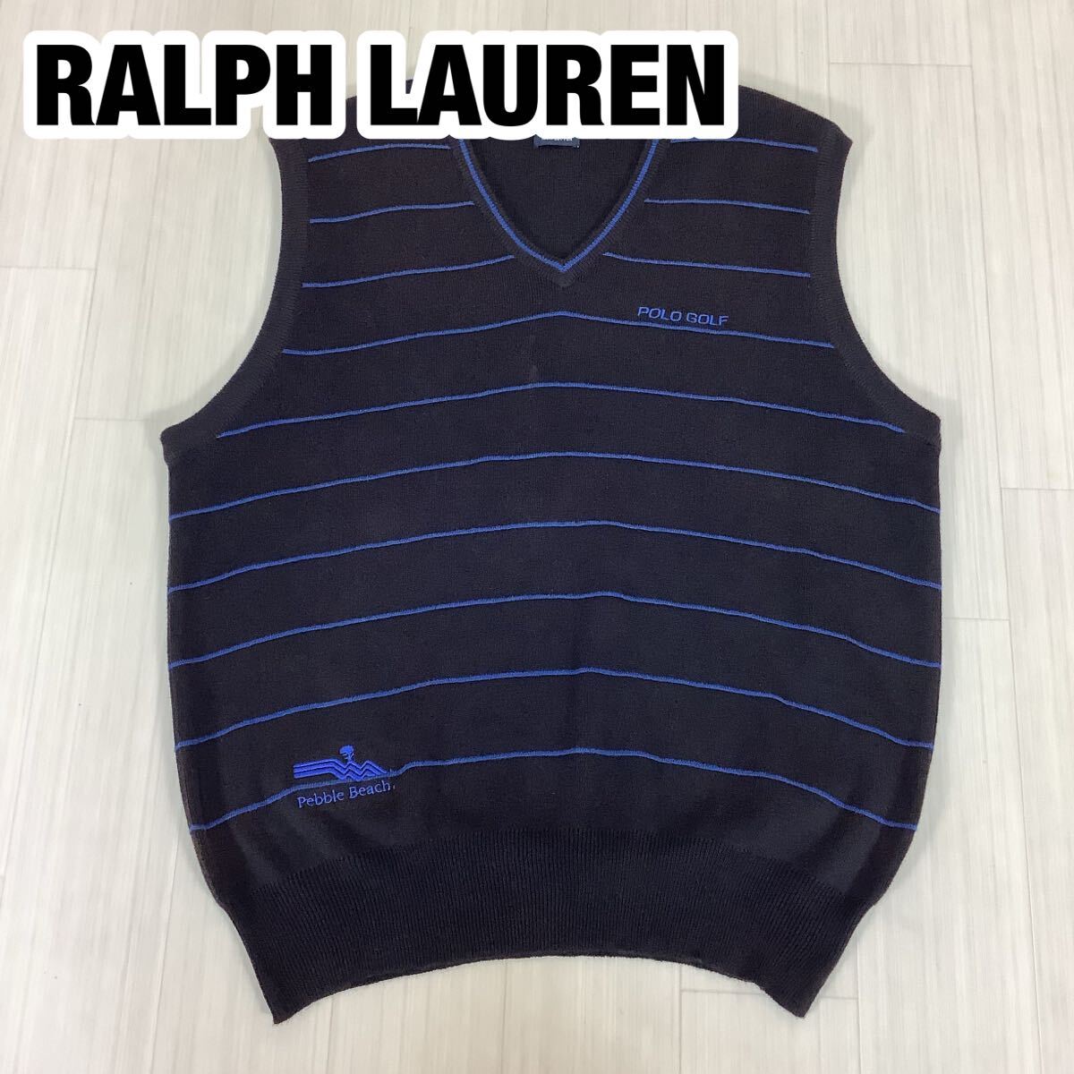 POLO GOLF RALPH LAUREN ポロゴルフ ニットベスト コットンニット M ボーダー Vネック 刺繍ロゴ拍卖