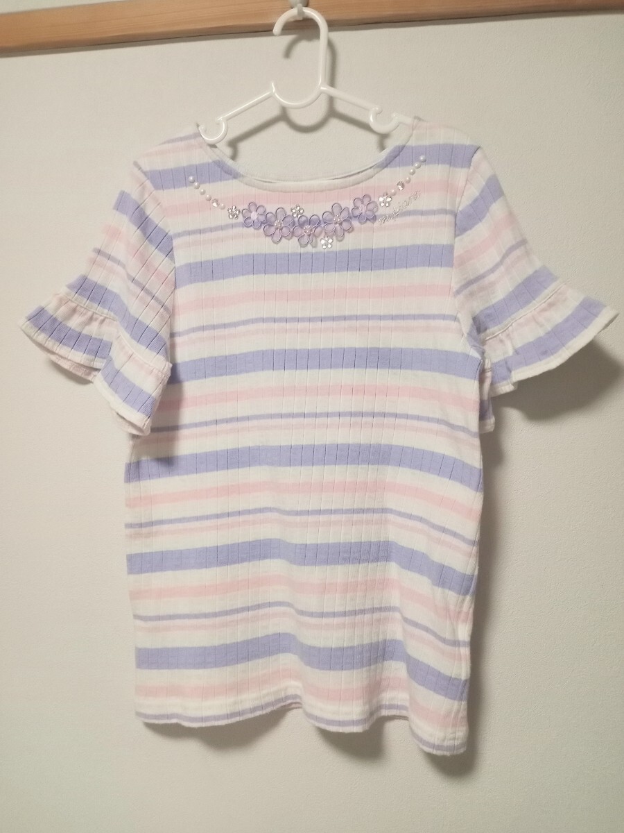 【美品】mezzo piano junior(メゾピアノ ジュニア)ボーダー テレコ Tシャツ 150拍卖