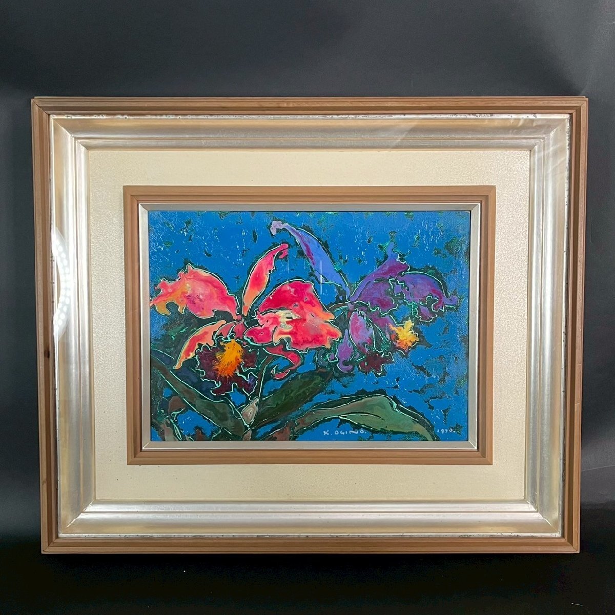 SW0428-12-3 現状品 K.OGINO 1970 油絵 油彩 花 ハイビスカス 絵画 インテリア 額 高さ46.5㎝ 横幅55.5㎝ 奥行6㎝ 120サイズ拍卖