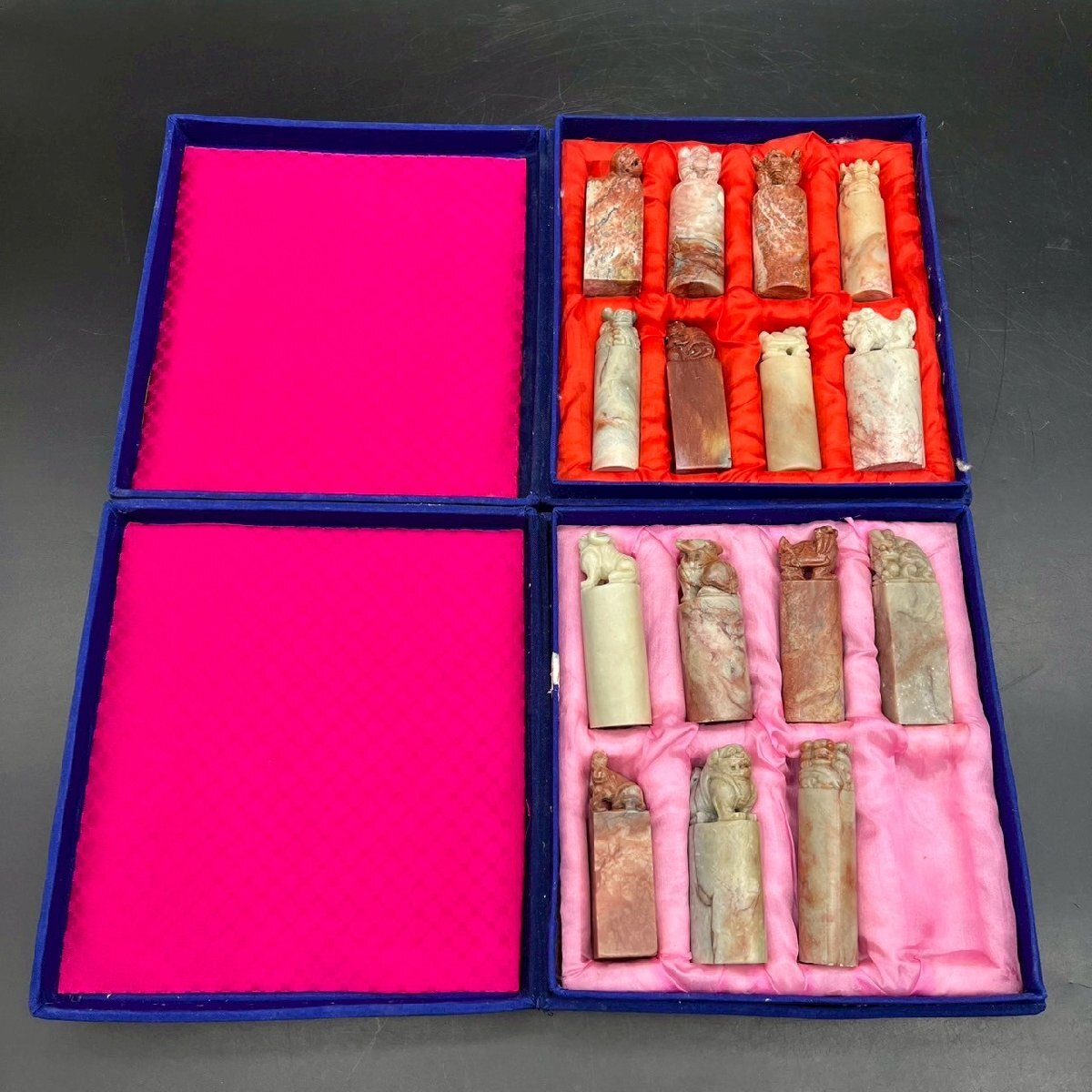 SW0429-3-3 中国 古玩 石 印材 印鑑石 中国美術 印章 天然石 寿山右 獅子 彫刻 置物 落款印 篆刻印 箱付 まとめ セット 最大7.5㎝ 60サイズ拍卖