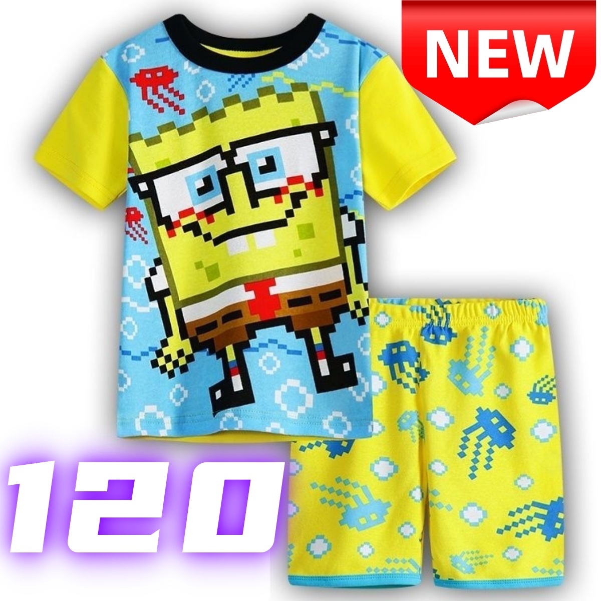 【新品】スポンジボブ ピクセル柄 子供パジャマ 半袖 黄色青 キッズルームウェア 男の子 女の子 夏用 部屋着 120 綿 半ズボン セットアップ拍卖