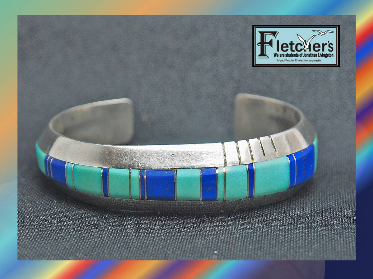 西海岸スタイル インディアンジュエリー ナバホ族作家L.McCray作マルチストーン&シルバーバングル ブレスレット aa19拍卖