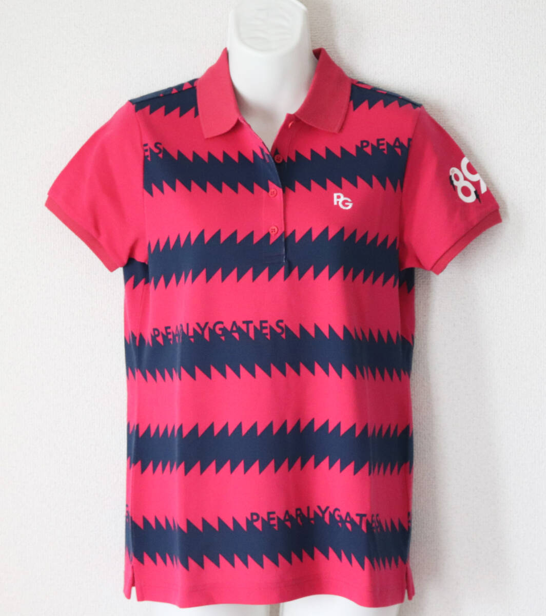 20,900円新品タグ付き【PEARLY GATES パーリーゲイツ】89ロゴ 鹿の子 半袖ポロシャツ 紺ピンク 1(M) v6973拍卖