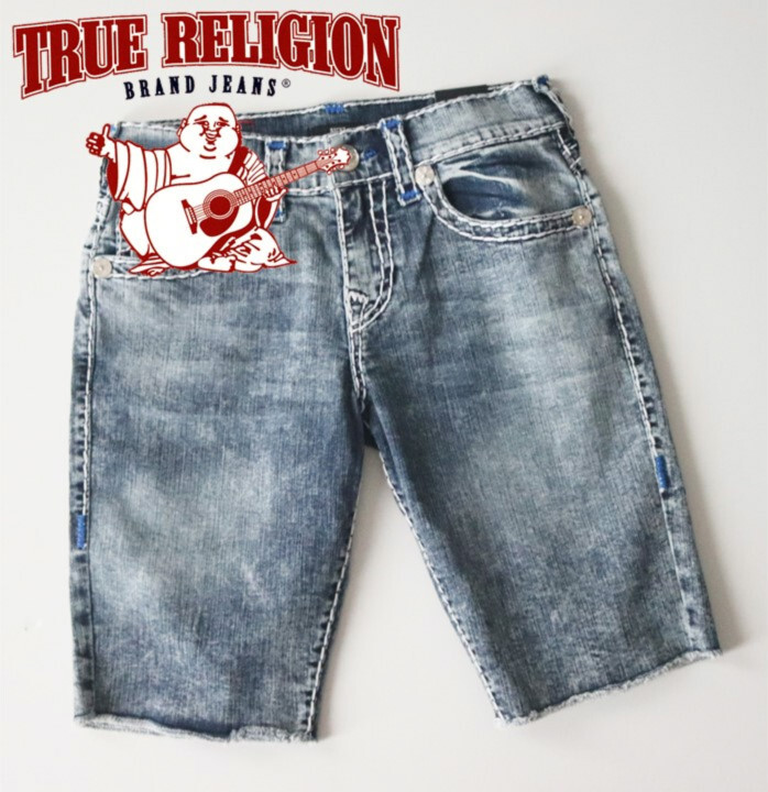 39,600円新品タグ付き【TRUERELIGION トゥルーレリジョン】ステッチ デニムショートパンツ W30(w80-84) v7064拍卖