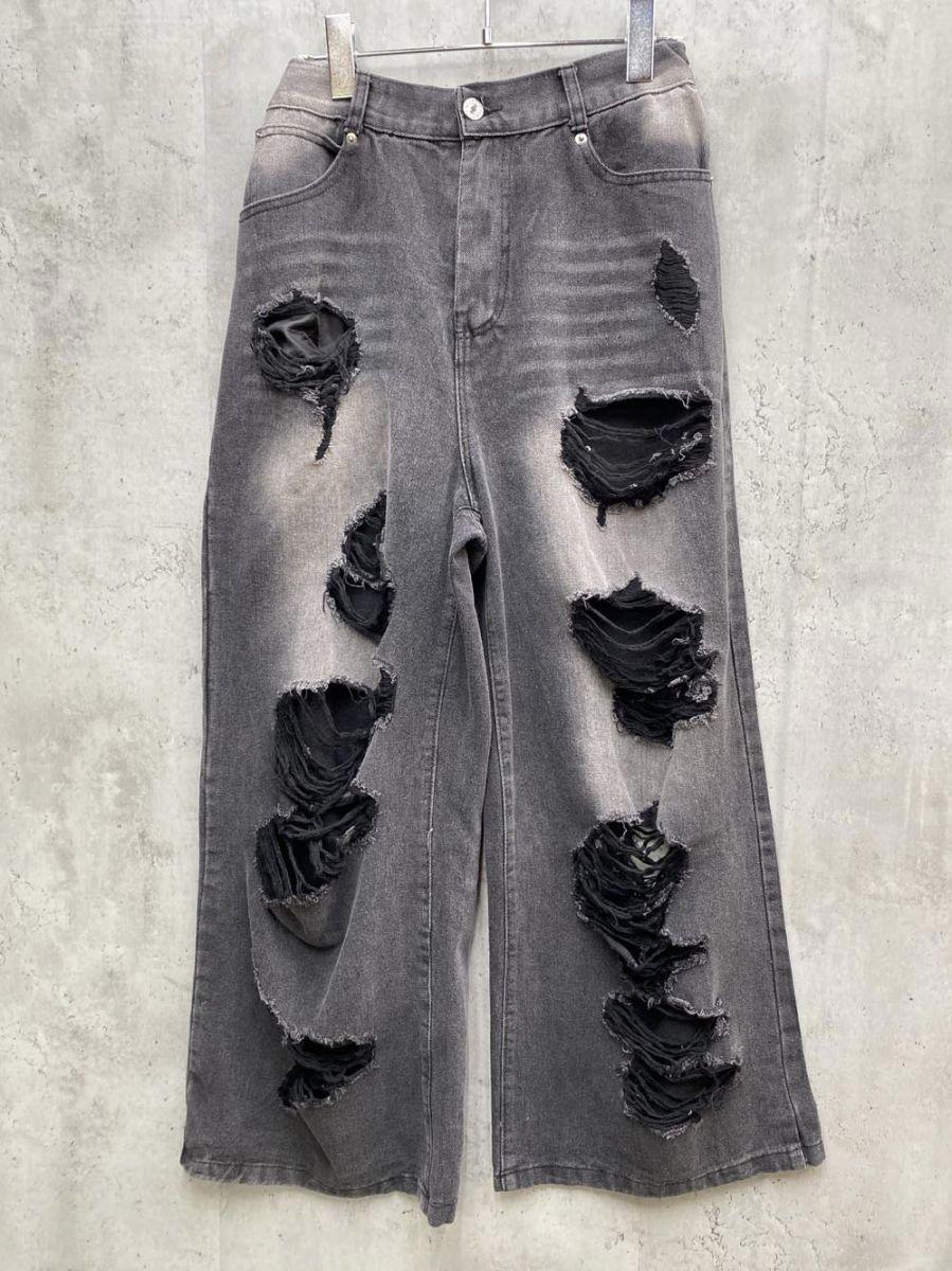 ARULE アリュール クラッシュ加工 ワイド デニムパンツ sizeM/黒 ■■拍卖