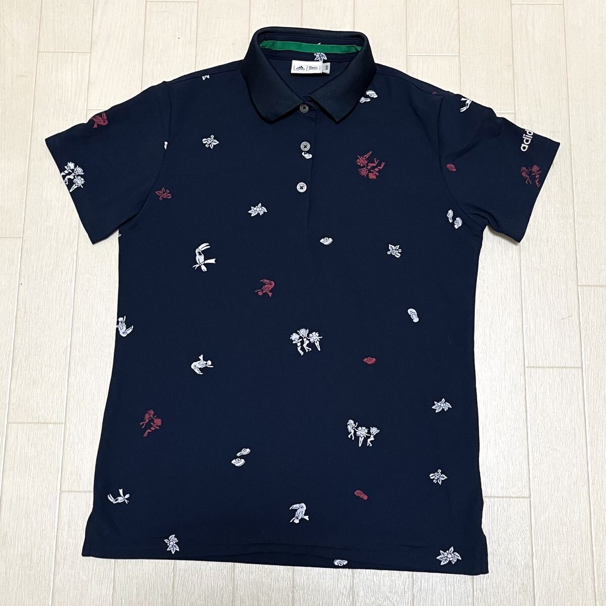和729★ adidas GOLF アディダス ゴルフ 半袖 ポロシャツ 総柄 M ネイビー レディース拍卖