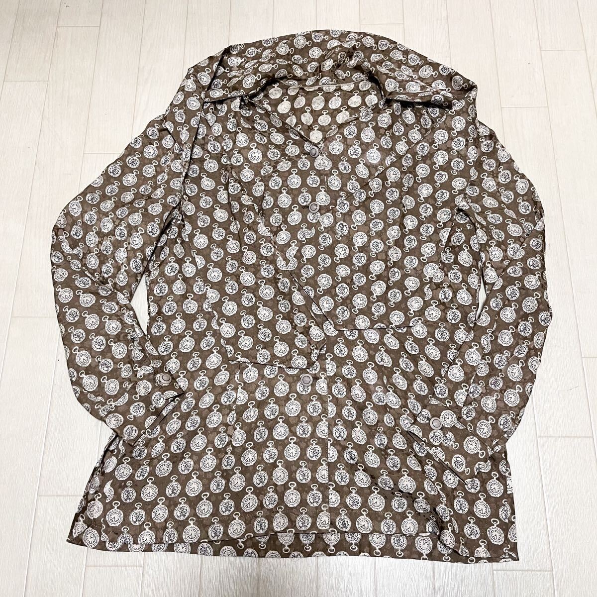 和737★ jun ashida ジュンアシダ シルク ボタンシャツ 長袖 懐中時計柄 総柄 9 ブラウン レディース拍卖