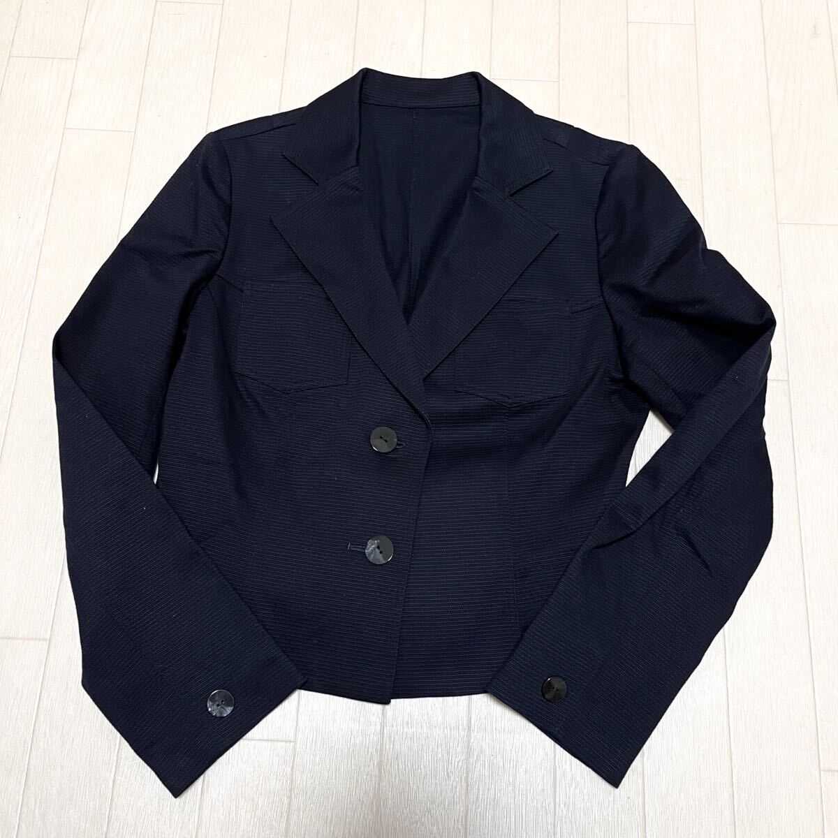和743★ Leilian レリアン テーラードジャケット 2ボタン シングルボタン シルク混 9 ネイビー レディース拍卖