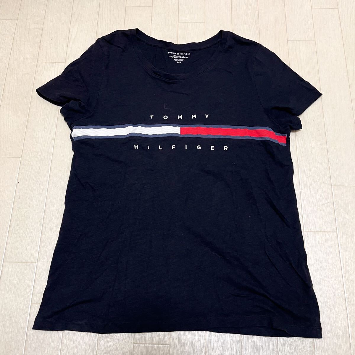 和744★③ TOMMY HILFIGER トミーヒルフィガー 半袖 Tシャツ ロゴ刺繍 ロゴT L ネイビー レディース拍卖