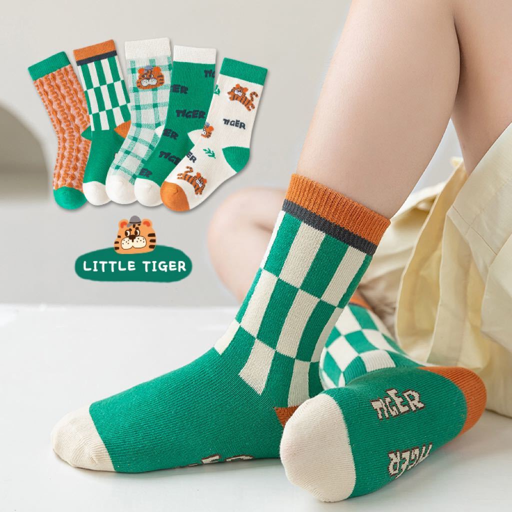 まとめて売り 新品 子供靴下 5足セット 女の子 ピンク ソックス 男の子 タイガー TIGER 韓国 人気 ショートソックス拍卖