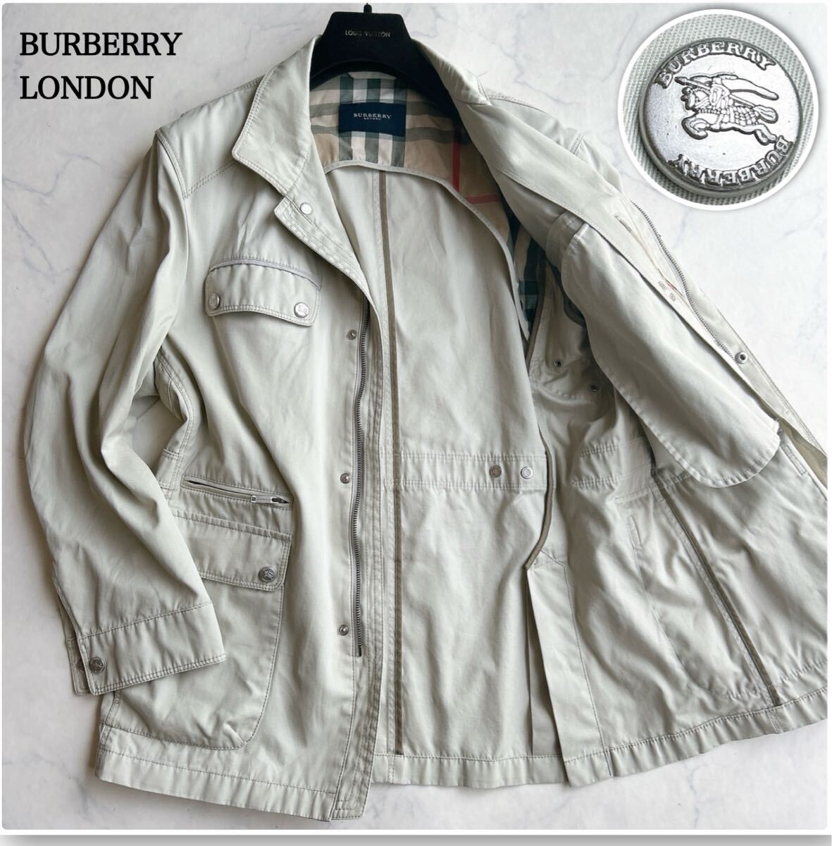【美品/XL相当】バーバリーロンドン ミリタリージャケット ノバチェック メガチェック ベージュ BURBERRY LONDON メンズ ホース銀ボタン拍卖