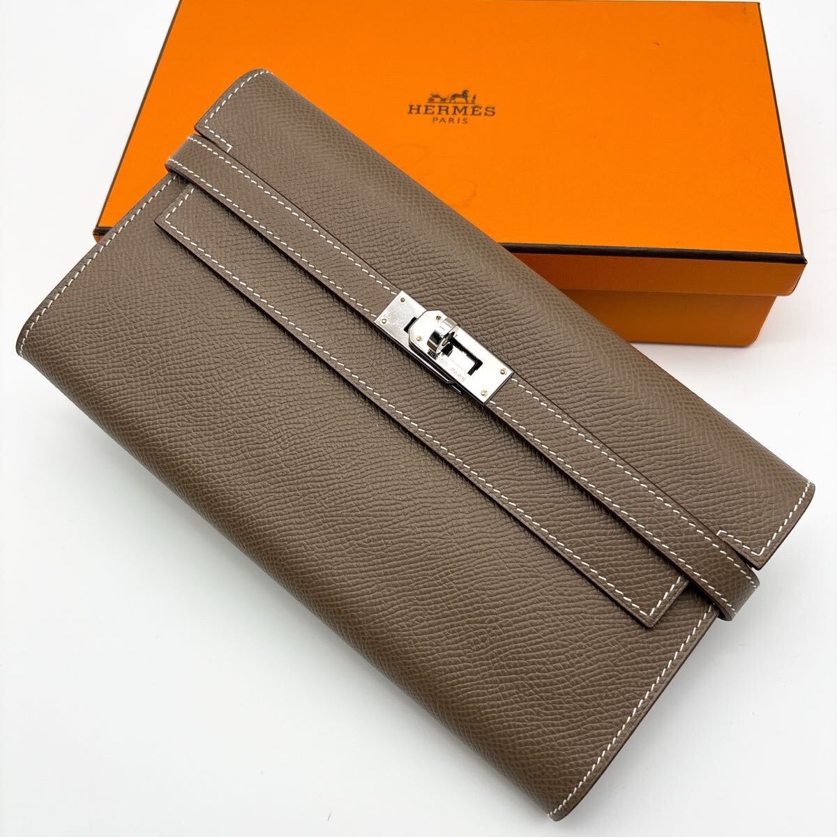 新品 エルメス ケリーウォレット ロング ヴォーエプソン エトゥープ グレージュ拍卖