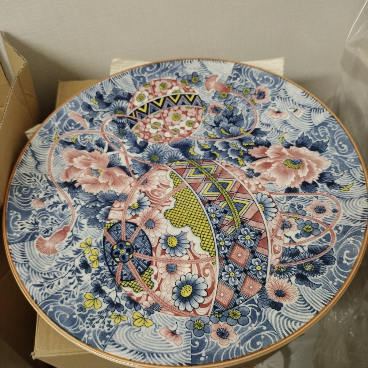 裏側置き跡スレ有り美中古三枚セット手まり牡丹萬古焼大皿 中華料理 小料亭店舗に拍卖