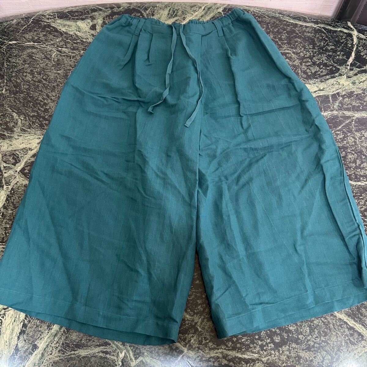 【美品】cloudnine★クラウドナイン ワイドパンツ Mサイズ〜Lサイズ ブルーグリーン ガウチョパンツ 麻 レーヨン リネン レディース拍卖