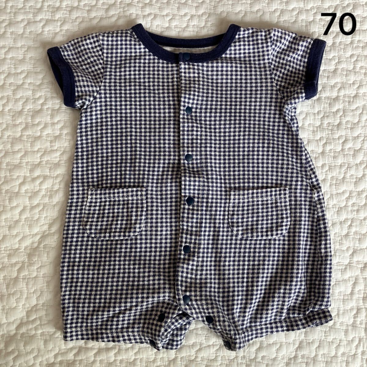 ユニクロ ベビー半袖ショートオール サイズ70 ネイビー ギンガムチェック ベビー服拍卖