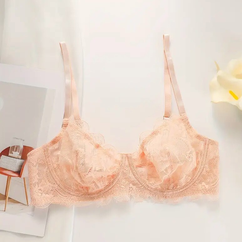 【新品】B80 ワイヤー入り パッドなし セミシアーブラジャー★220k.サーモンピンク★ストレッチレースブラ拍卖