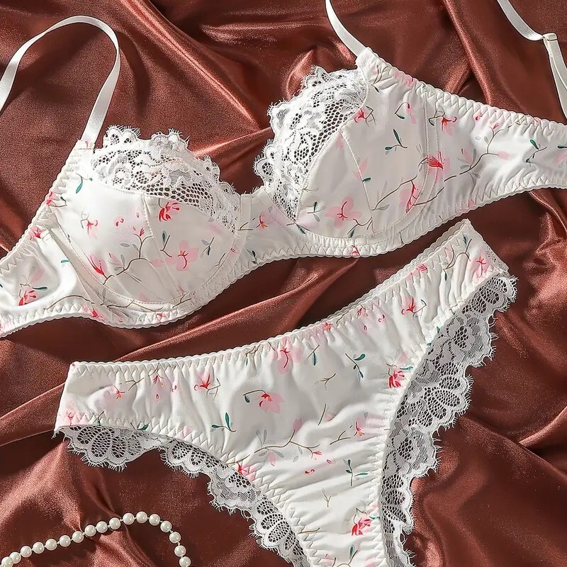 【新品】Lサイズ ワイヤー入り パッドなし 花柄ブラジャー&ハーフバックショーツ★116.白×ピンク E75,D80,B85,C85拍卖